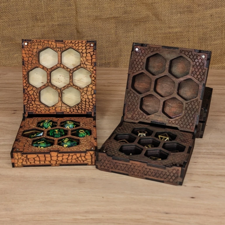 Dragonscale set of seven wooden dice boxes with engraved scale and shield designs, fantasy tabletop RPG storage accessories