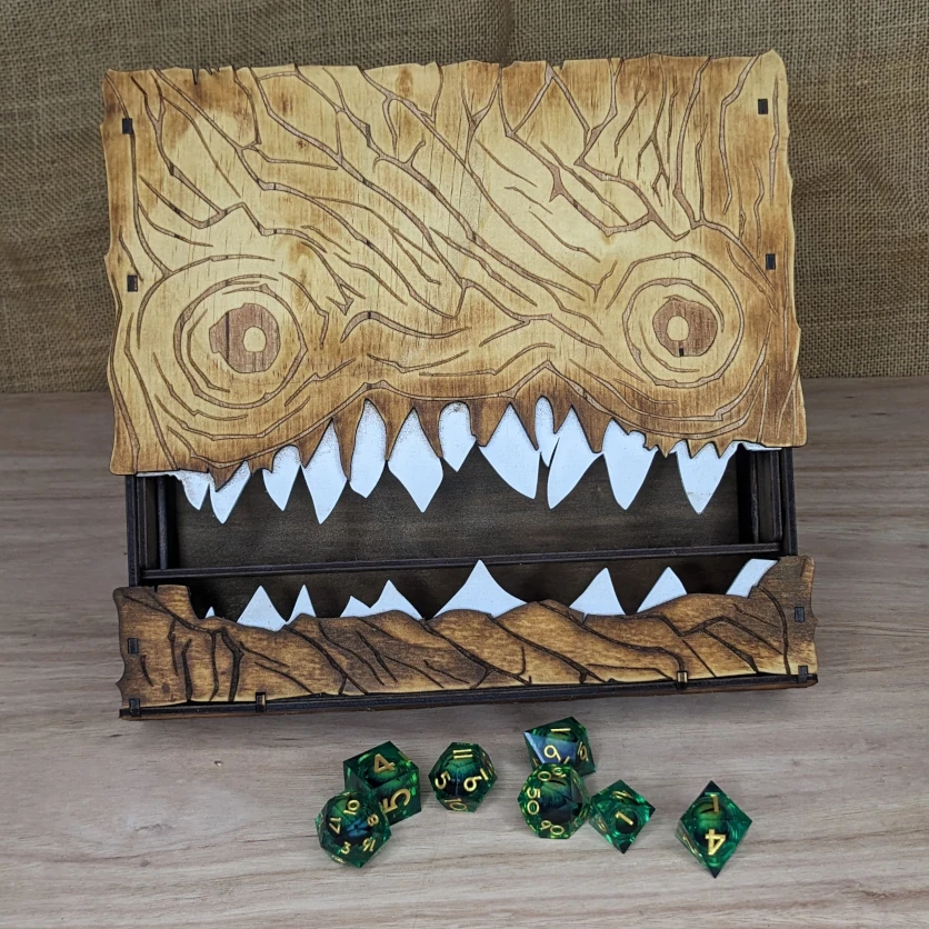 Large wooden monster book storage box with engraved cover, internal dividers and compartments, A5 size with space for an A5 notebook, fantasy tabletop RPG organiser and keepsake box